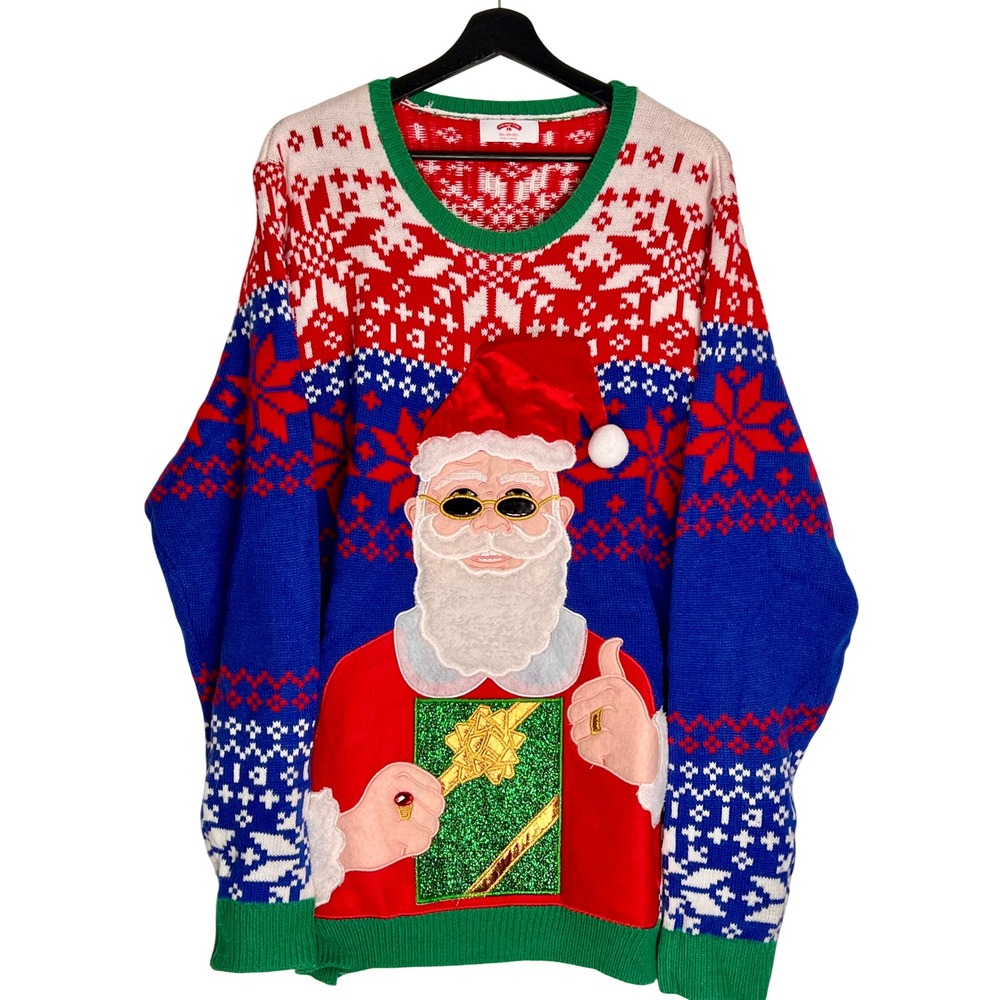 Holiday Time Mens 2XL Ugly Christmas Sweater Cool Santa Sunglasses Multicolor